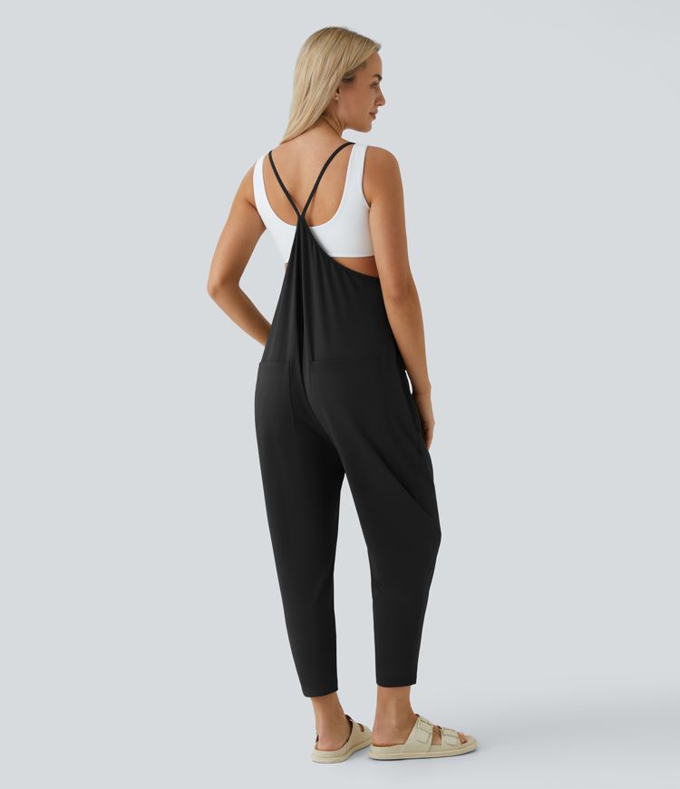Backless Multiple Pockets Ankle Length Casual Loose Tapered Jumpsuit