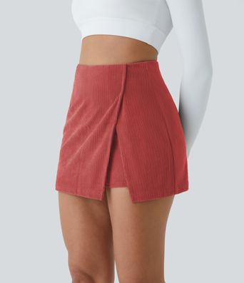 High Waisted Back Zipper Split Hem 2-in-1 Corduroy Casual Skirt