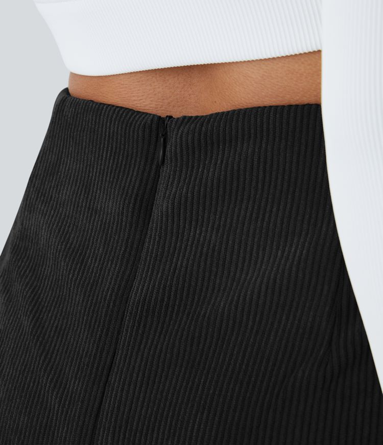 High Waisted Back Zipper Split Hem 2-in-1 Corduroy Casual Skirt
