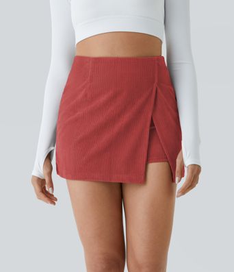 High Waisted Back Zipper Split Hem 2-in-1 Corduroy Casual Skirt