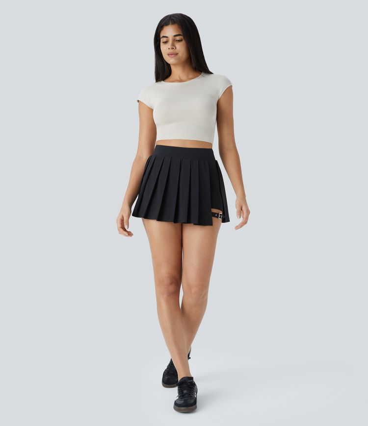 Breezeful™ High Waisted Pleated 2-in-1 Side Pocket Adjustable Buckle Micro Mini Quick Dry Casual Skort
