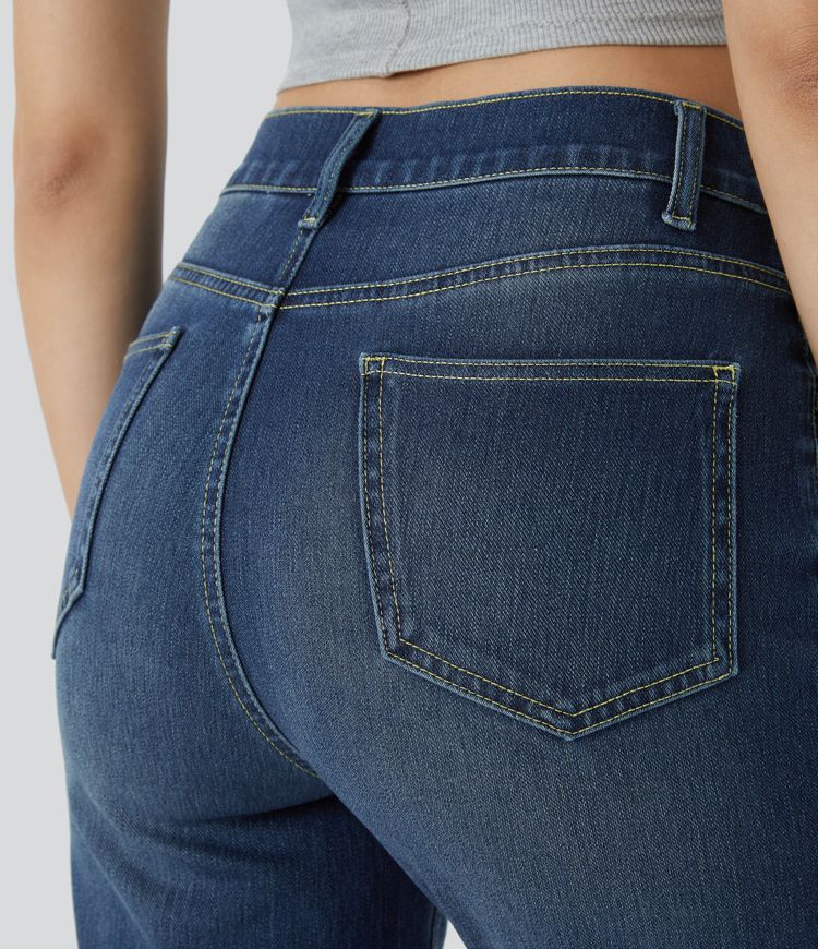 Halara Flex™ High-Waist Multi-Pocket Straight-Leg Washed Stretch Knit Casual Jeans