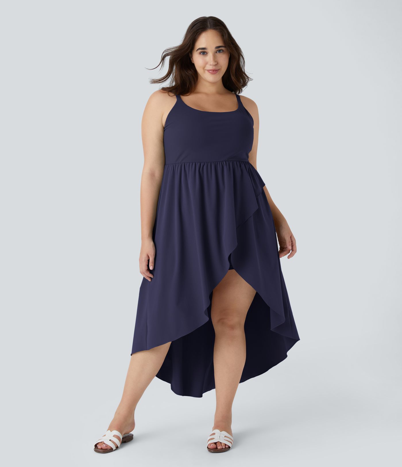 Breezeful™ Vestido Midi sin espalda asimétrico dobladillo cruzado 2 piezas bolsillo lateral fluido secado rápido talla plus