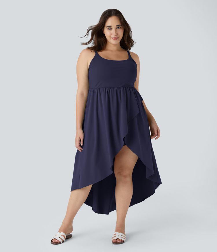 Breezeful™ Asymmetric Crossover Hem 2-Piece Pocket Flowy Midi Quick Dry Casual Plus Size Dress