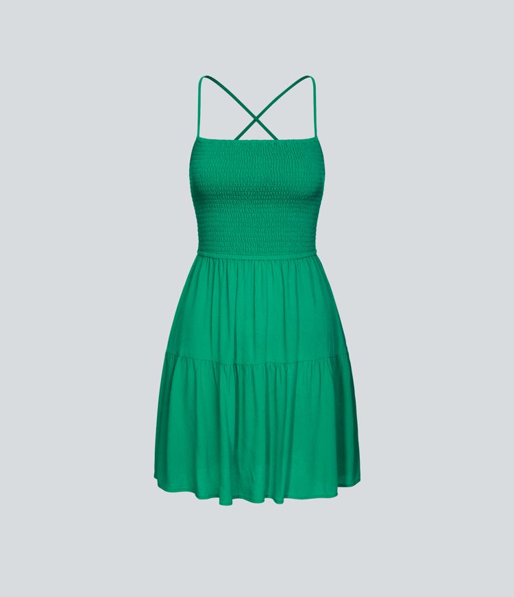 Backless Cross Adjustable Strap Shirring Pleated Loose Mini Linen-like Casual Dress