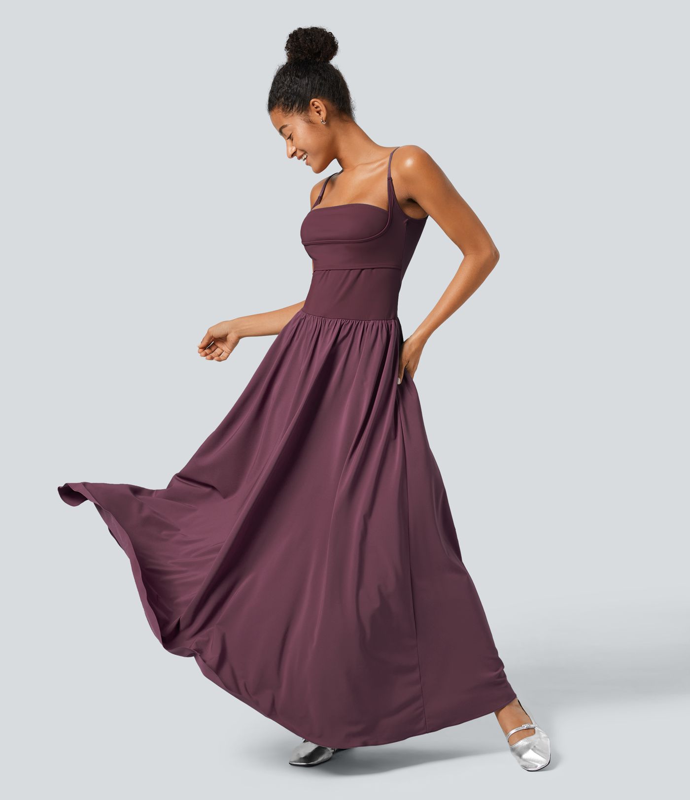 Breezeful™ Robe Débardeur Casual Dos Nu Poches Latérales Plissée Évasée Longue Séchage Rapide