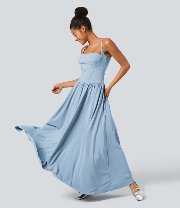 Breezeful™ Backless Side Pocket Plicated Flowy Flare Maxi Quick Dry Casual Slip Dress