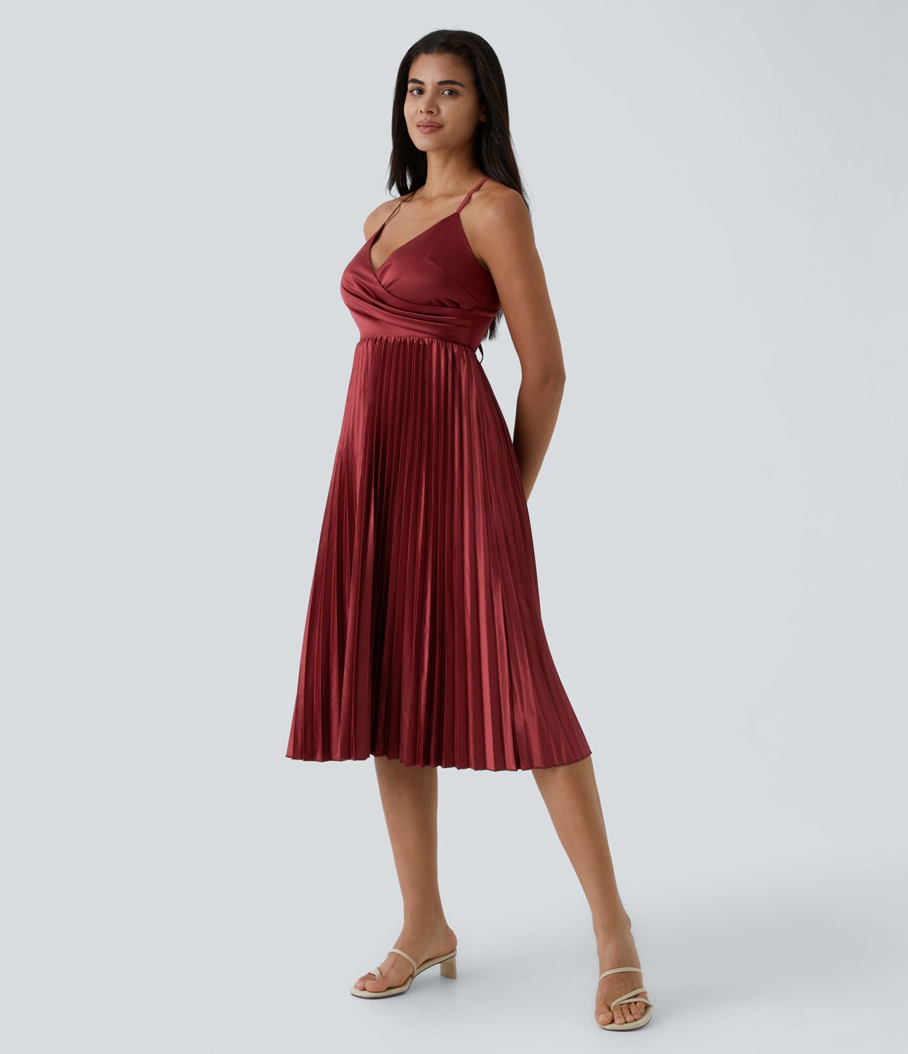 Robe Soirée Mi-Longue Plissée à Lacets Dos Nu Col en V