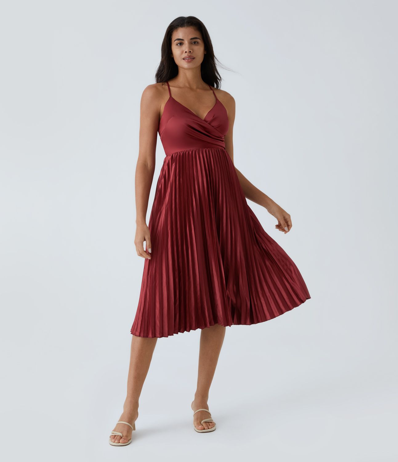 Robe Soirée Mi-Longue Plissée à Lacets Dos Nu Col en V