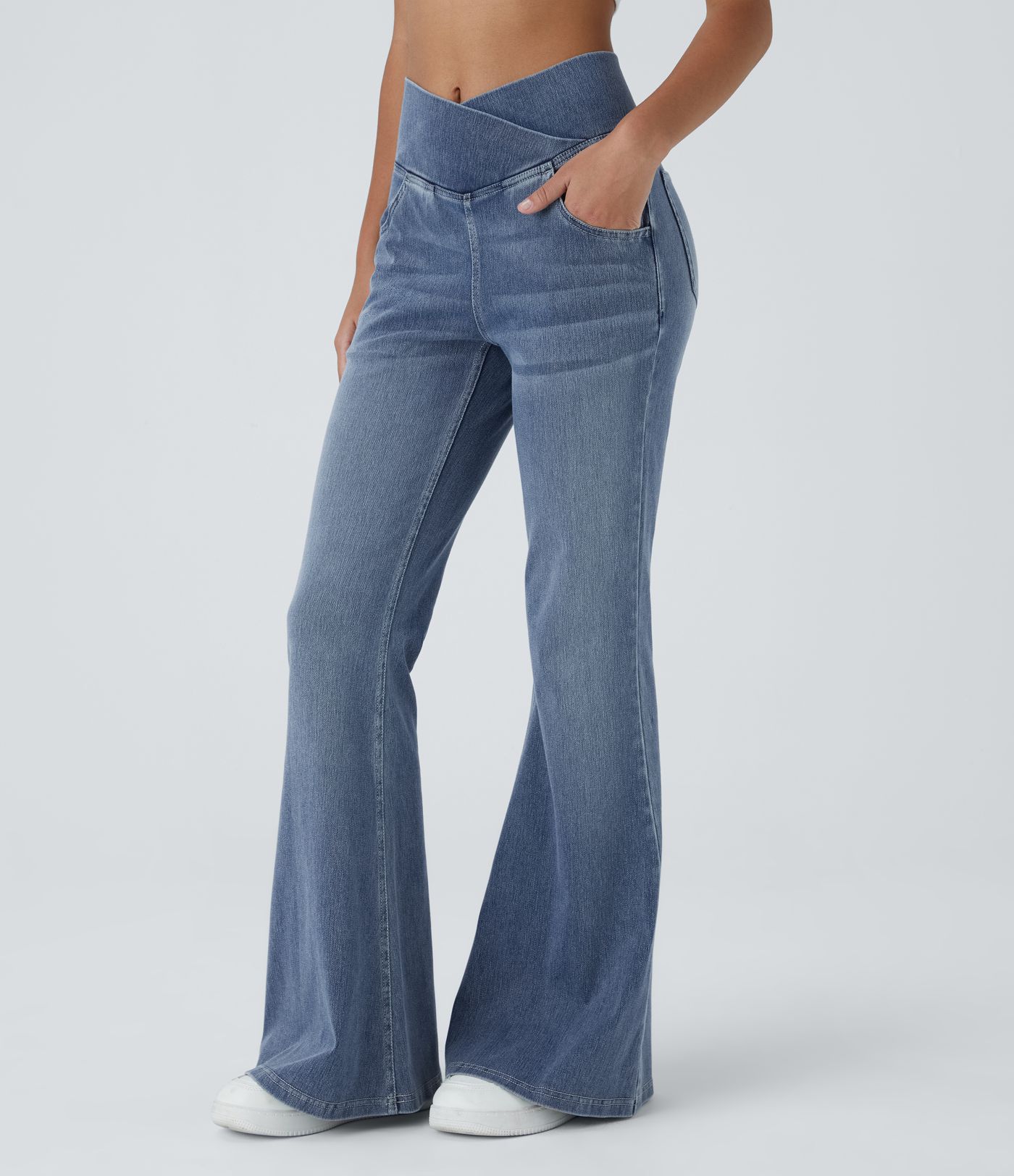 Halara Flex™ High Waisted Crossover Pocket Washed Casual Flare Jeans