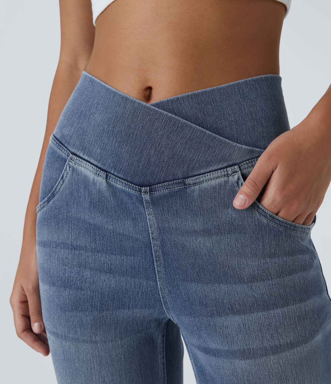 Halara Flex™ High Waisted Crossover Pocket Washed Casual Flare Jeans