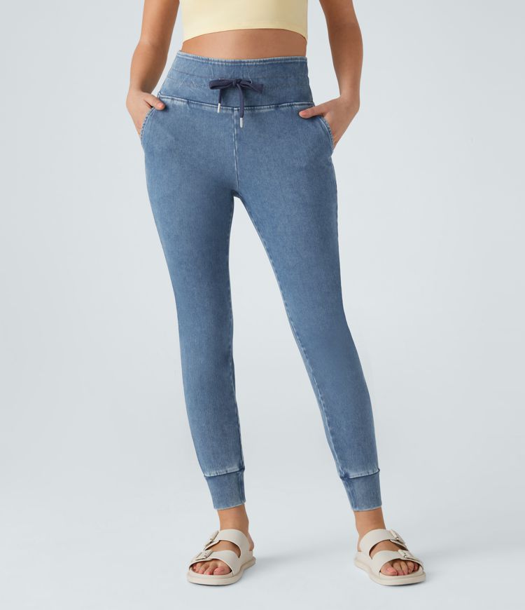 Jeans Halara Flex™ Denim elásticos ajustables de tiro alto descolorido y bolsillos