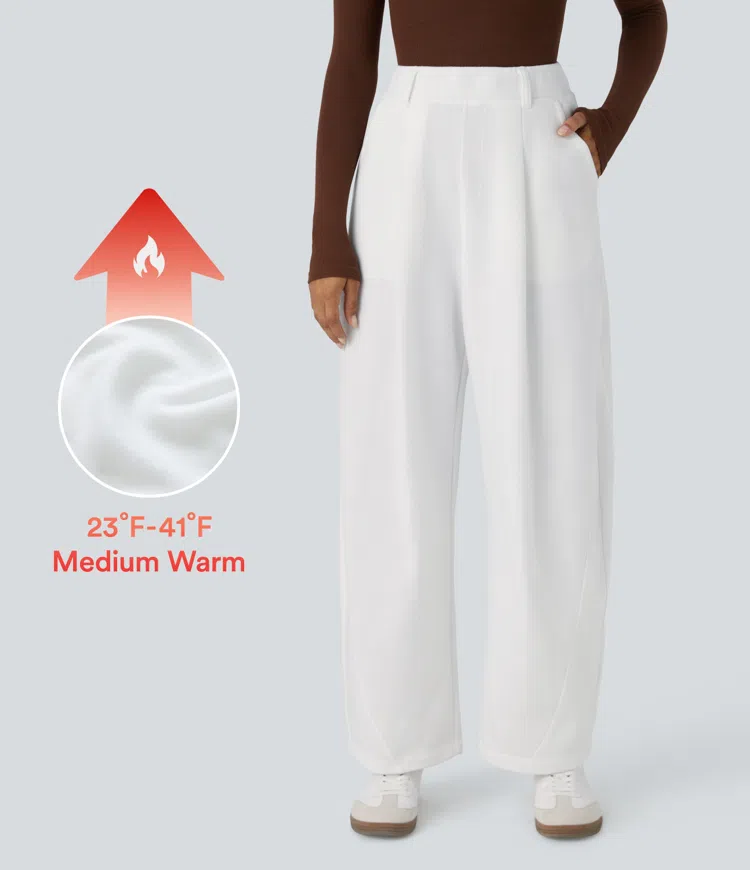 High Waisted Pocket Barrel Leg Fleece Casual Pants