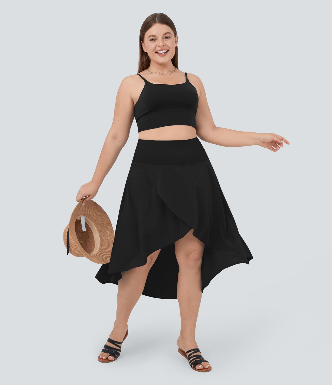Breezeful™ High Waisted Asymmetric Ruffle High Low Flowy 2-in-1 Quick Dry Dance Plus Size Skirt