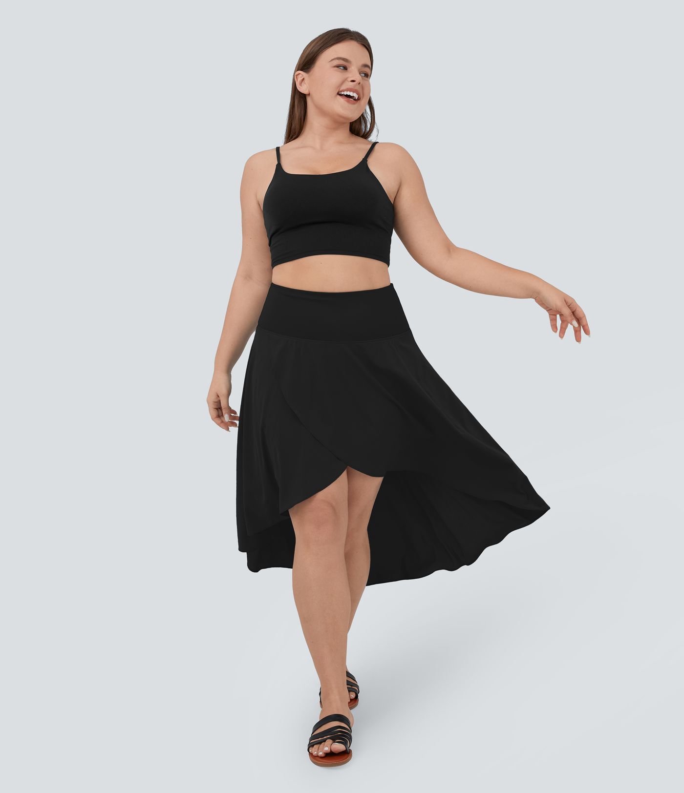 Breezeful™ High Waisted Asymmetric Ruffle High Low Flowy 2-in-1 Quick Dry Dance Plus Size Skirt