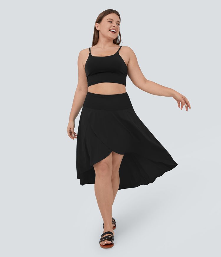 Breezeful™ High Waisted Asymmetric Ruffle High Low Flowy 2-in-1 Quick Dry Dance Plus Size Skirt