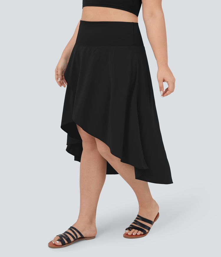 Breezeful™ High Waisted Asymmetric Ruffle High Low Flowy 2-in-1 Quick Dry Dance Plus Size Skirt