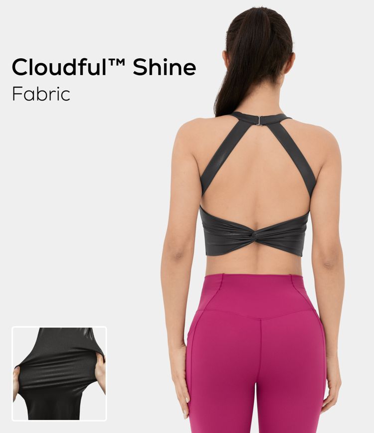 halara Cloudful™ Shine Fabric Backless Cut Out Twisted Foil Print Stretchy Cropped Yoga Faux Leather Tank Top
