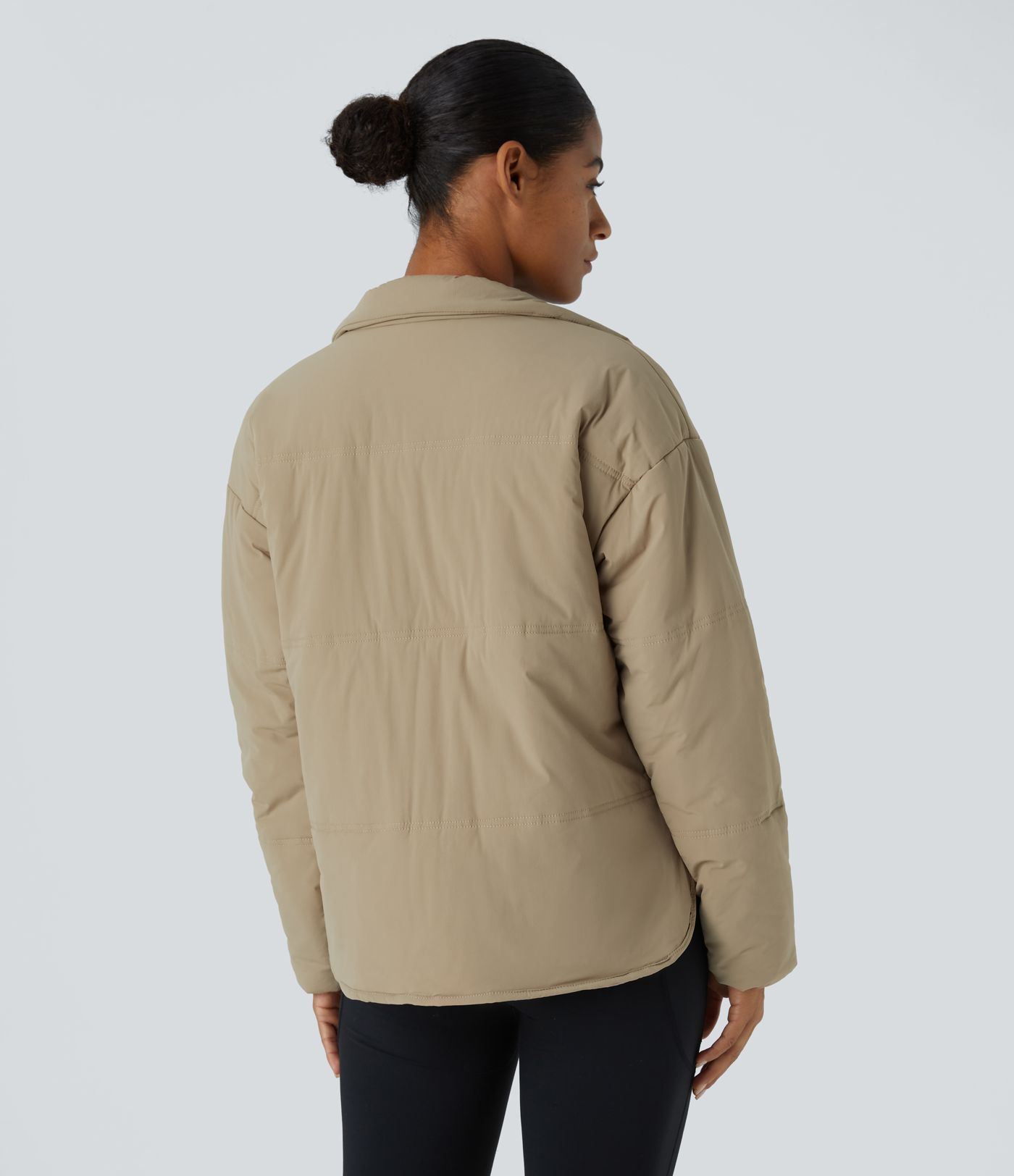 Funnel Neck Zip Pockets High-Low Curved Hem Relaxed Hiking Puffer Jacket