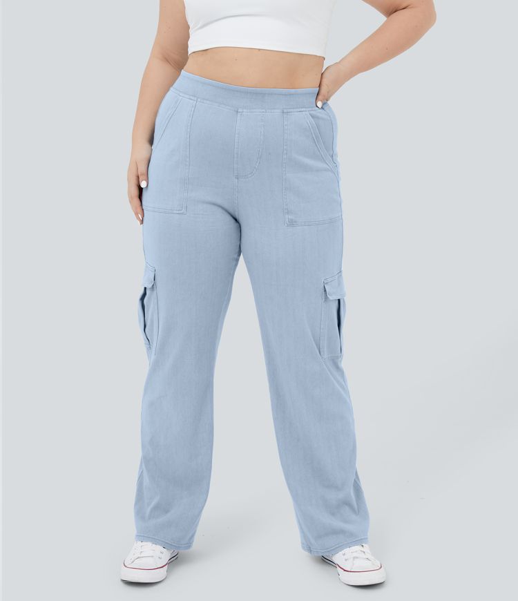 Halara Flex™ Mid Rise Multiple Pockets Stretchy Knit Straight Leg Plus Size Casual Cargo Jeans