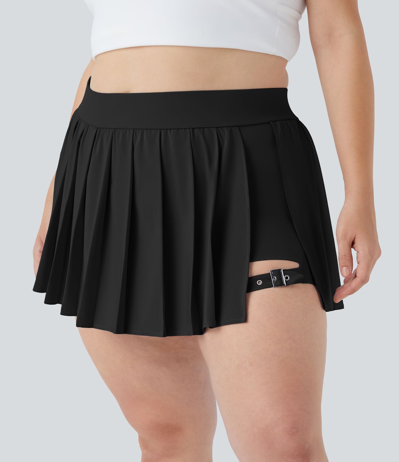 Breezeful™ High Waisted Pleated 2-in-1 Side Pocket Adjustable Buckle Quick Dry Micro Mini Casual Plus Size Skirt