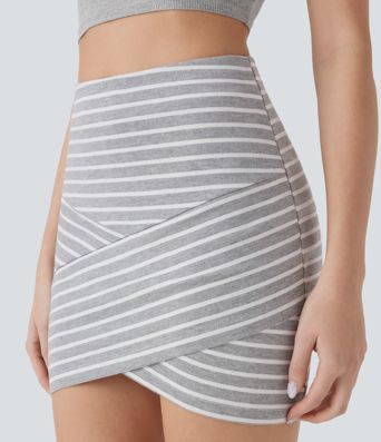 High Waisted 2-in-1 Crossover Hem Stripe Bodycon Mini Casual Skirt
