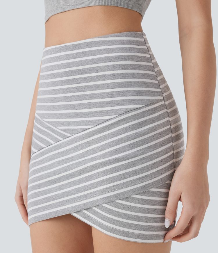 High Waisted 2-in-1 Crossover Hem Stripe Bodycon Mini Casual Skirt