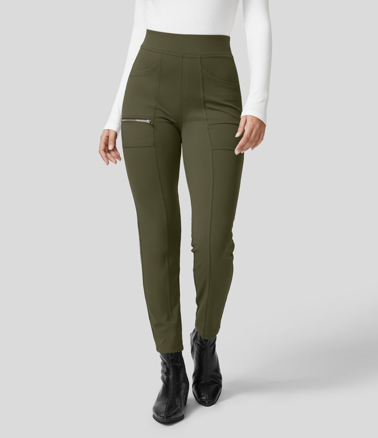 High Waisted Multiple Pockets Zipper Casual Slim Pants
