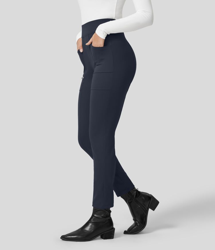 High Waisted Pockets Zipper Casual Slim Trousers