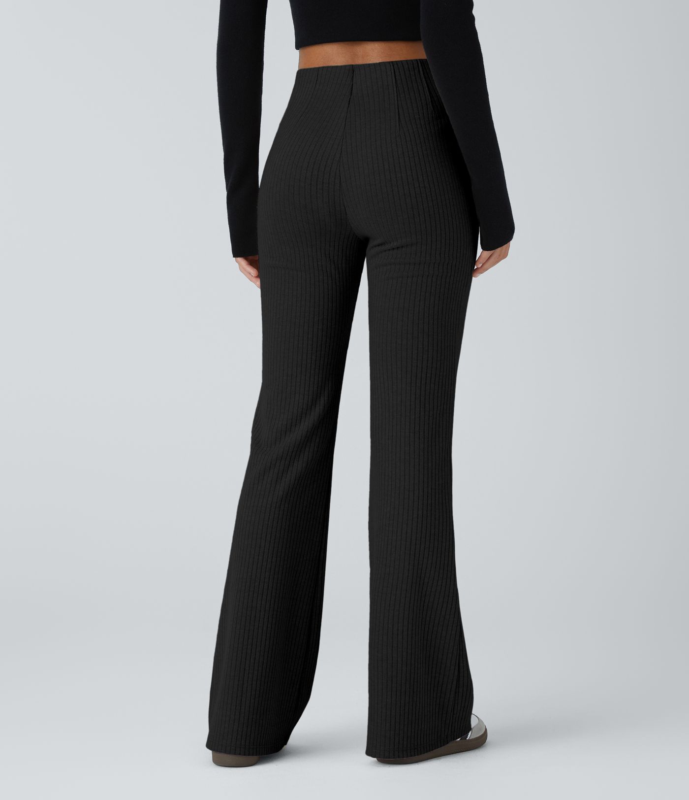Ribbed Knit High Waisted Side Zipper Pockets Casual Flare Pants