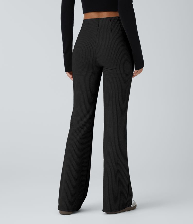 Ribbed Knit High Waisted Side Zipper Pockets Casual Flare Pants