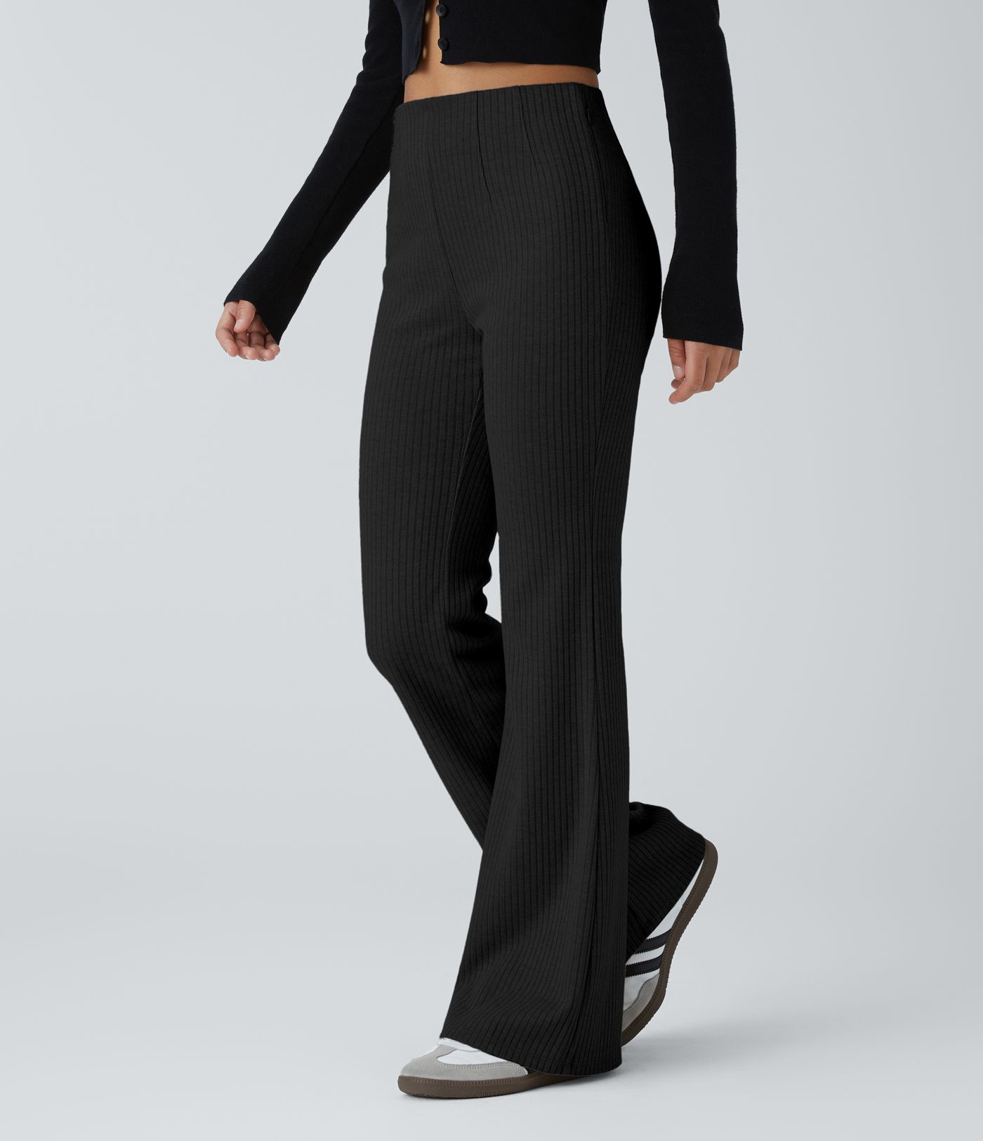 Ribbed Knit High Waisted Side Zipper Pockets Casual Flare Pants