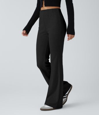 Ribbed Knit High Waisted Side Zipper Pockets Casual Flare Pants