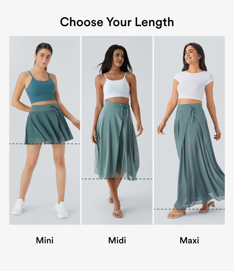 High Waisted Drawstring Contrast Mesh 2-in-1 Side Pocket Flowy Maxi Flare Casual Skirt