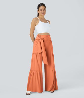 Breezeful™ High Waisted Shirred Tie Front & Back Wide Leg Flowy Quick Dry Casual Pants
