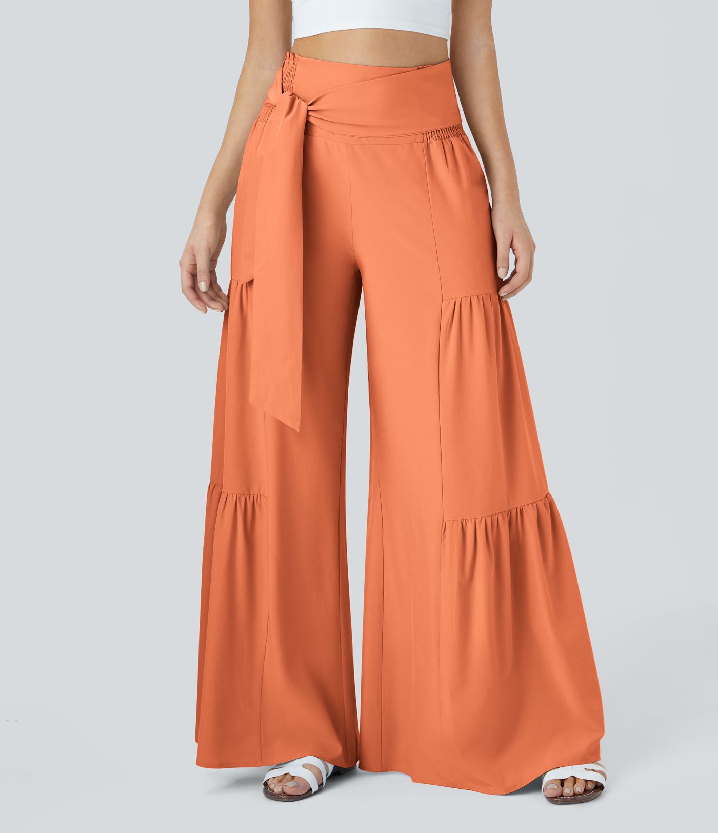 Breezeful™ High Waisted Shirred Tie Front & Back Wide Leg Flowy Quick Dry Casual Pants