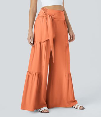 Breezeful™ High Waisted Shirred Tie Front & Back Wide Leg Flowy Quick Dry Casual Pants