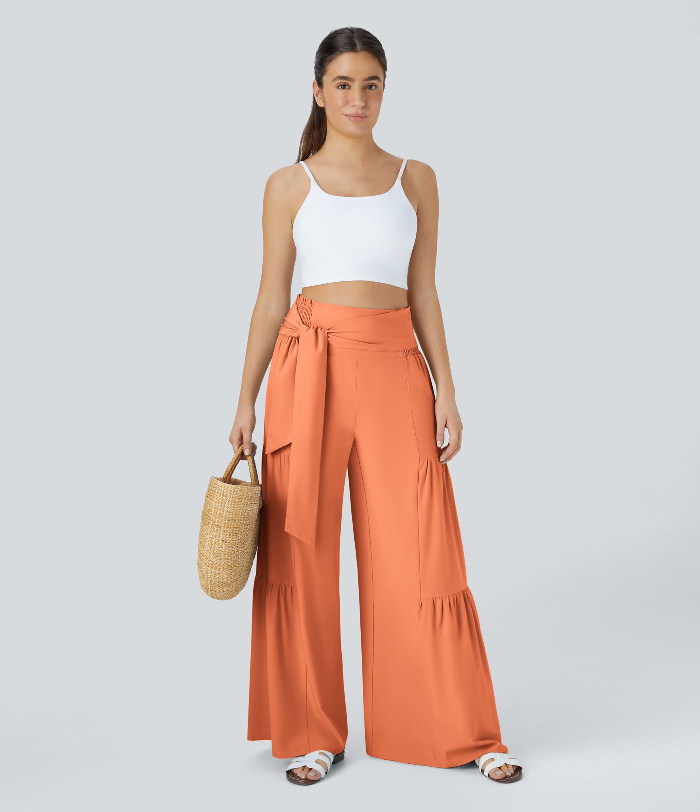 Breezeful™ High Waisted Shirred Tie Front & Back Wide Leg Flowy Quick Dry Casual Pants