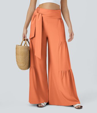 Breezeful™ High Waisted Shirred Tie Front & Back Wide Leg Flowy Quick Dry Casual Pants
