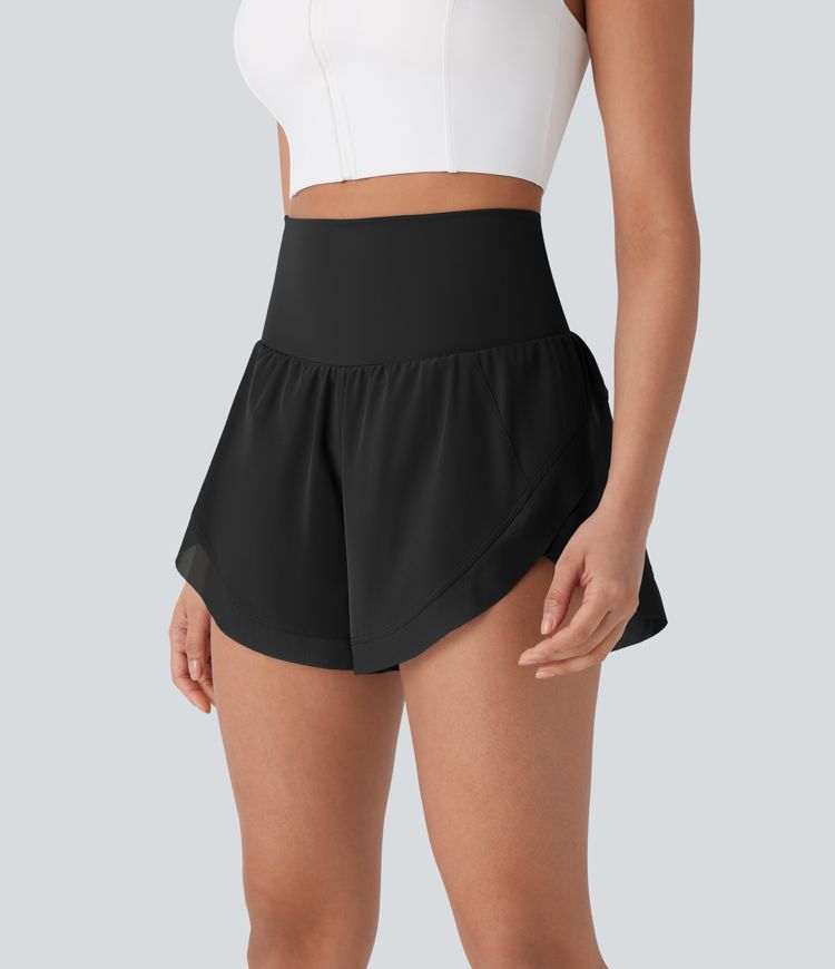 High Waisted Pocket 2-in-1 Contrast Mesh Curved Hem Running Shorts 3''