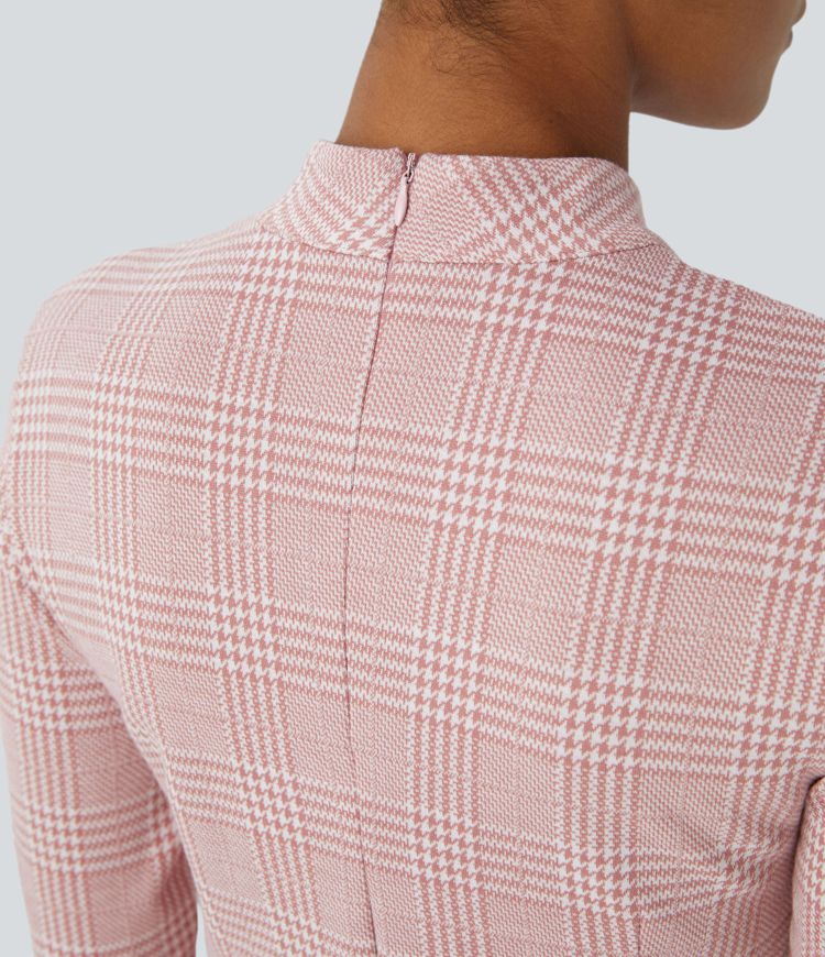 Vestido oficina acampanado manga larga cuello alto cremallera pata gallo cuadro midi