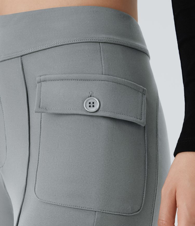 High Waisted Button Side Flap Pocket Flare Casual Cargo Trousers