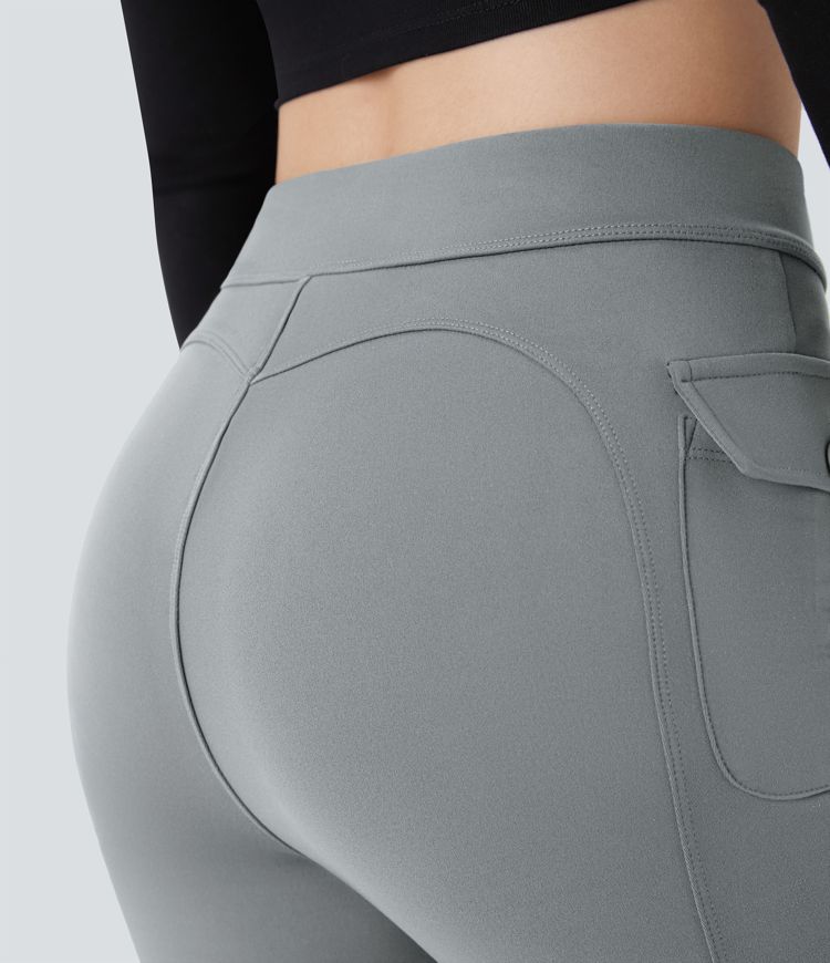 High Waisted Button Side Flap Pocket Flare Casual Cargo Trousers