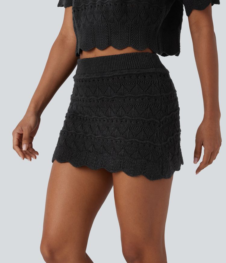 High Waisted 2-in-1 Pocket Open Knit Mini Casual Sweater Skirt