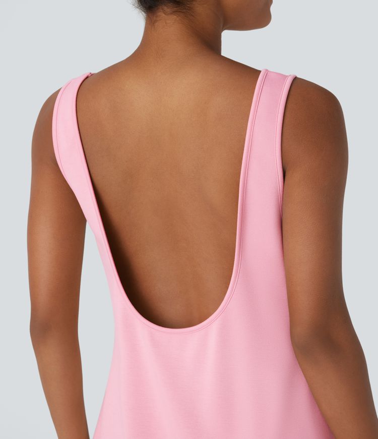 Backless Side Pockets Barrel Midi Resort Tank Dress