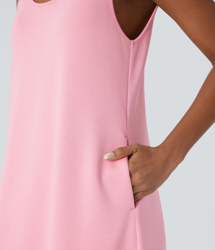 Backless Side Pockets Barrel Midi Resort Tank Dress