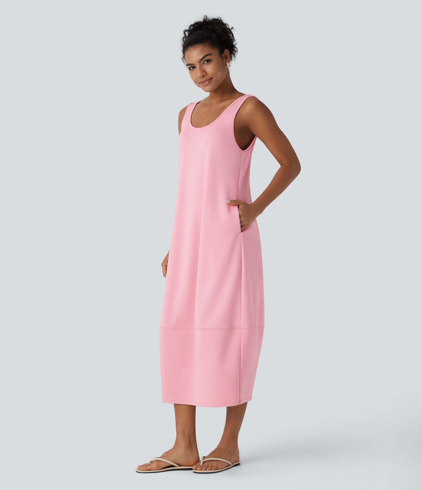 Backless Side Pockets Barrel Midi Resort Tank Dress