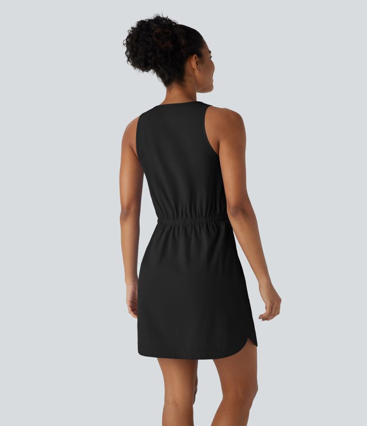 Water Repellent Wear-Resistant U Neck Sleeveless Half Zip Drawstring Side Pocket Curved Hem Mini Hiking Active Dress