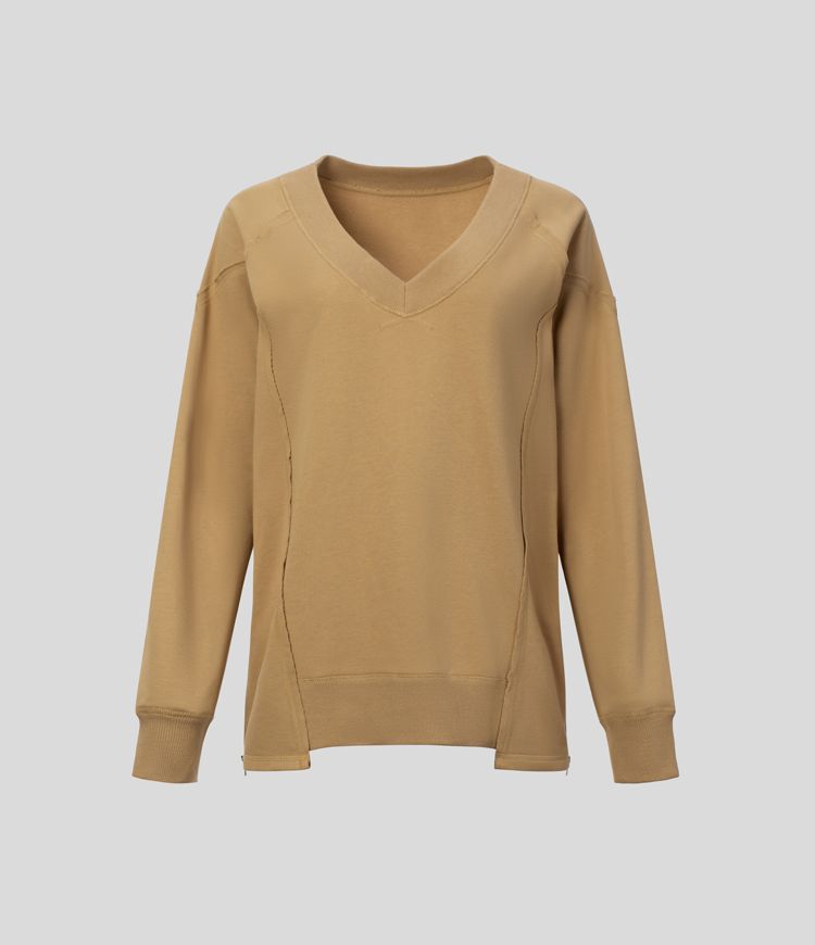 V Neck Long Sleeve Adjustable Zipper Hem Casual Cotton Sports Sweatshirt