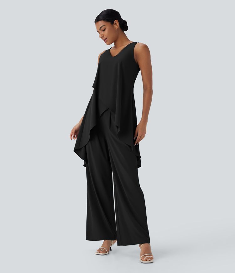 Breezeful™ V Neck Crossover Ruffle Hem Flowy High Low Longline Quick Dry Tank Top